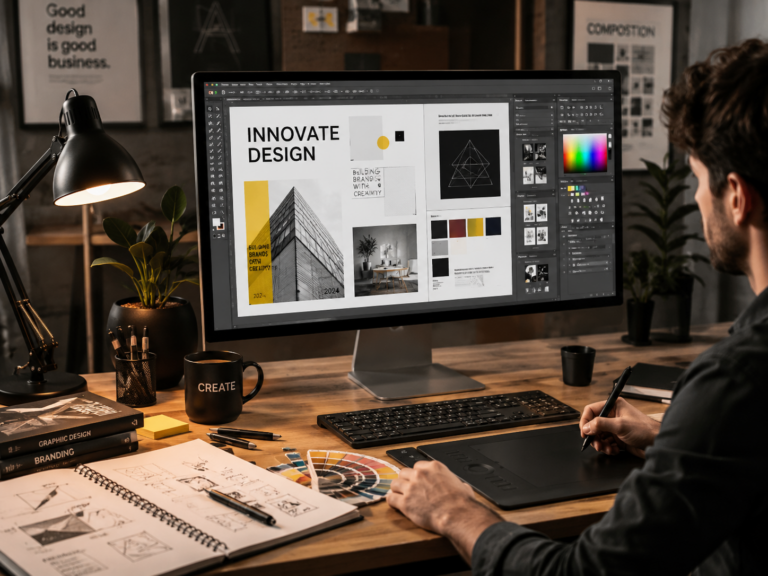 Graphiste travaillant sur ordinateur à la création de supports visuels professionnels pour l’impression et la communication d’entreprise.